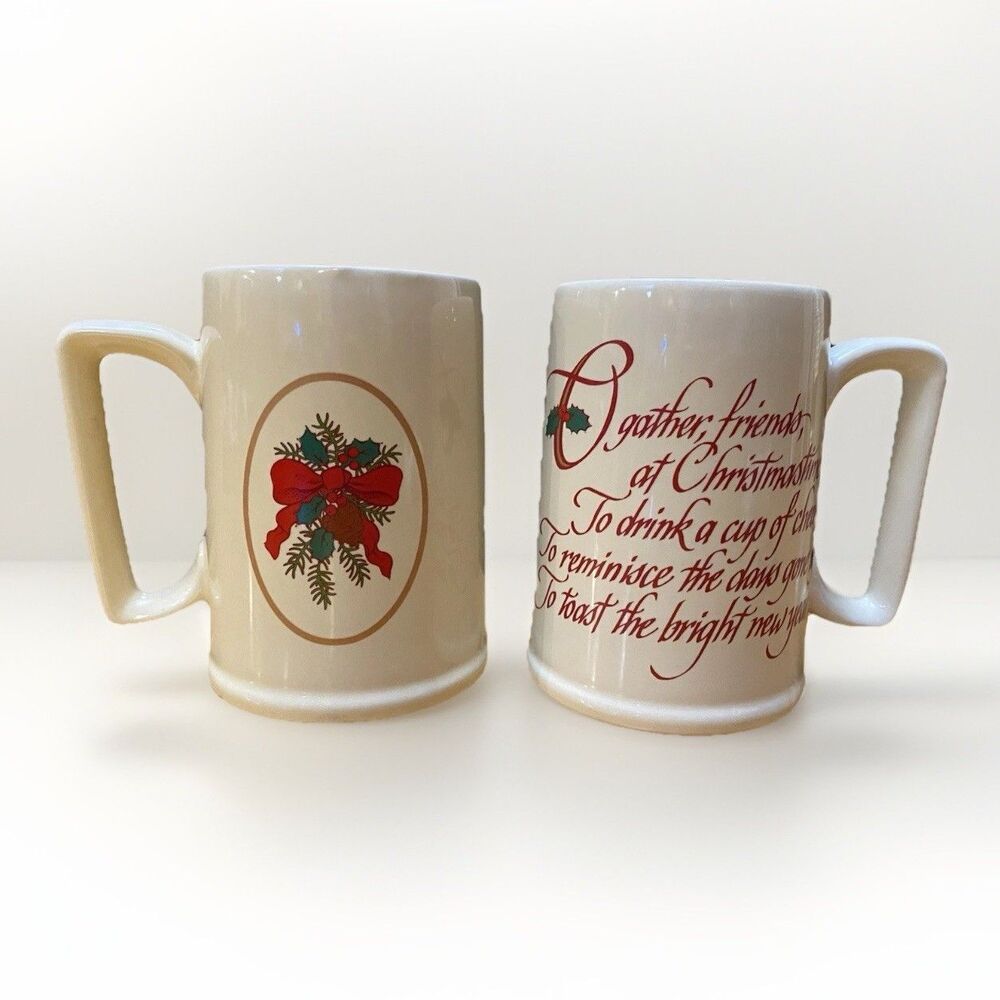 Hallmark 1987 Big Smile Christmas Stein Mug Set 2 Holiday Verse Vintage EUC